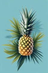 Juicy ripe flying pineapple fruit and pineapple pieces on pastel blue background.