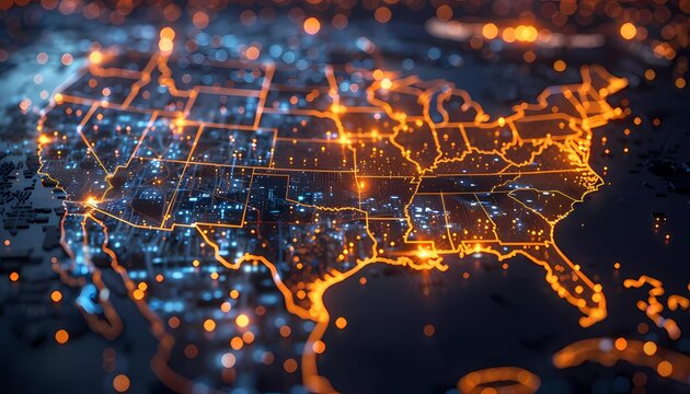 Blockchain Integration in Finance, digital map of the USA with blockchain icons connected to financial hubs like New York and San Francisco, secure transactions and transparent financial operation.