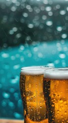 Close up, double craft beer on the dark bar table, amber glass, drunken atmosphere, nightlife, bar, drinking, alcohol, hops, malt, foam head, craft, dark, bar, table, amber, glass, close-up, beer, 