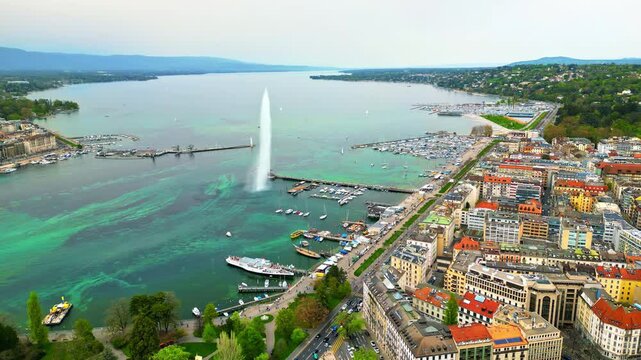 Aerial, drone view of the Geneva Water Fountain in Switzerland