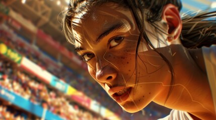 Intense Gaze of Female Handball Player During Olympic Match on Vibrant Court
