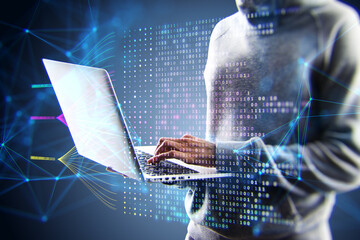 Close up of hacker hands using laptop keyboard with creative big data lines on dark background. Technology, hacking, malware and innovation concept. Double exposure.