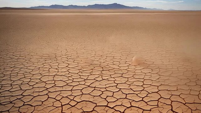 The desolation of the desert scenery is apparent, featuring a desiccated lake bed and ground etched with extensive fissures. This hostile environment is plagued by drought and distress, as the imminen