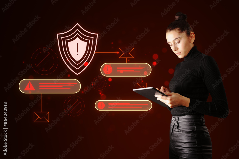 Poster attractive young european woman using tablet with abstract digital web security error alert on dark 