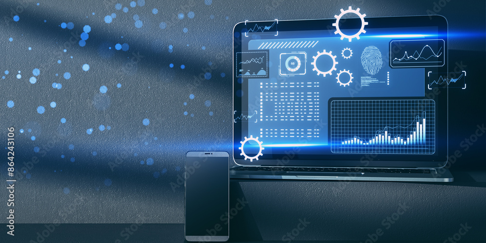 Poster close up of laptop and empty mock up smartphone with digital business interface on dark concrete wal