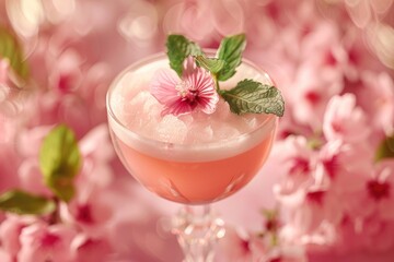A rosy, frothy cocktail, frose, adorned with mint and a delicate flower, amidst a backdrop of vibrant pink blooms