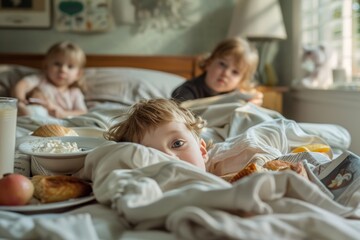Obraz premium Tranquil Sunday Morning with Family Enjoying Breakfast in Bed, Newspapers, and Soft Daylight**
