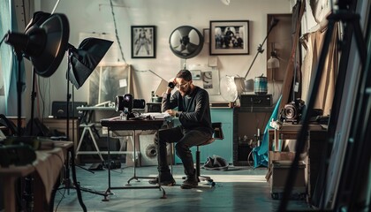 The photographer is in a professional studio, with lighting equipment and photographs, focusing on creative work AIG58