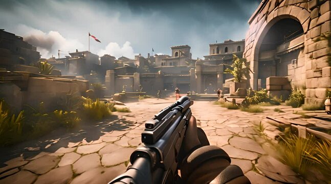 FPS shooting game. First-person shooter. Mockup FPS game display