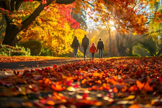 Family Strolling Through Vibrant Autumn Park with Colorful Leaves Underfoot