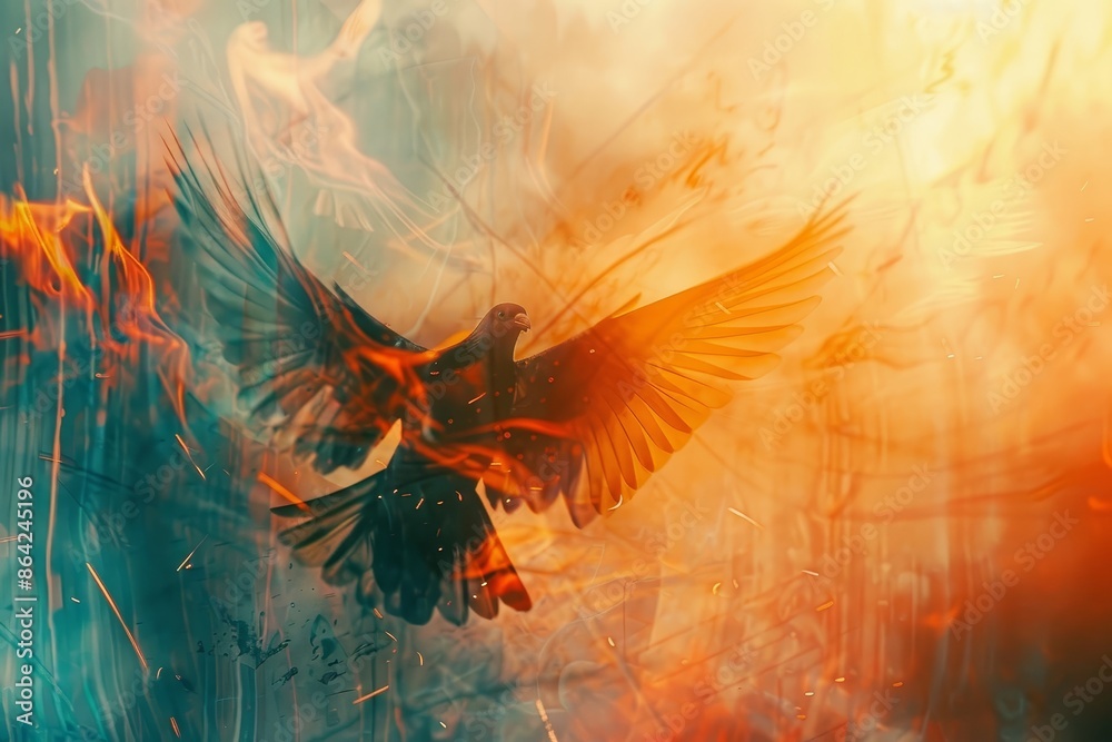 Wall mural Stunning double exposure image depicting a majestic bird with outstretched wings engulfed in a vibrant,fiery blaze of color and energy,creating a powerful,spiritual.