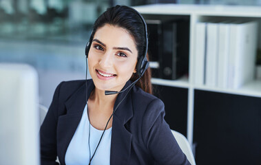 Woman, headset and call center in office, portrait and customer service for conversation and online...