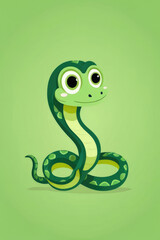 Fototapeta premium Cartoon character funny green snake on pastel green background.
