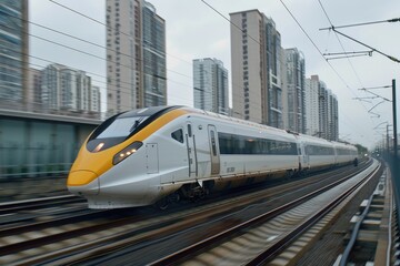 Naklejka premium Electric passenger train drives at high speed among urban landscape.