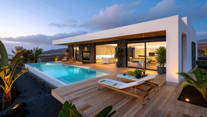 Fototapeta premium Lanzarote Dusk House with Pool and Wood Floors