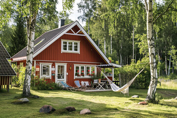 Sunny Summer Day at Red Swedish House, Kids Playing Outdoors, Family Relaxing on Hammock in Forest Surroundings