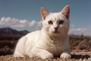 White cat in modern analog photography style