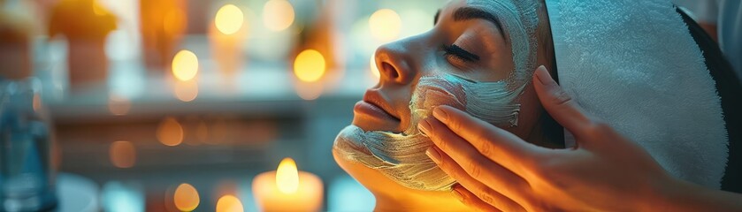 A serene spa scene featuring a person receiving a facial mask treatment, surrounded by soothing candlelight for a calming atmosphere.