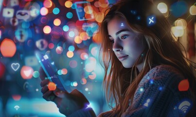 Naklejka premium Captivating Social Media Interaction: A Stylish Young Woman Engrossed in Messaging, Displaying Modern Connectivity and Digital Lifestyle with Social Icons on Mobile Screen
