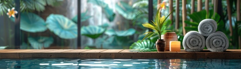 A peaceful spa setting featuring lush tropical plants, calming candles, and neatly rolled towels by a serene poolside, perfect for relaxation and rejuvenation.