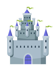 Fototapeta premium Fairy tale castle. Medieval royal mansion architecture. Beautiful fairy-tale tower for princess, historic fortified building. Knight castle, imagination concept. Isolated cartoon vector illustration