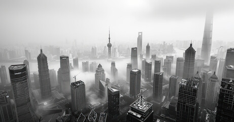 Shanghai Skyline in Misty Monochrome: Urban Architecture and Construction in Black and White