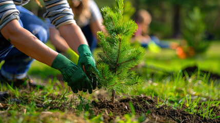Naklejka premium personnes en train de replanter des arbres pour sauver la foret