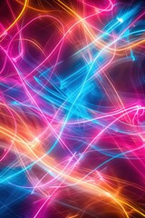 Naklejka premium A captivating display of vibrant neon light trails forming dynamic and energetic abstract patterns against a dark background.