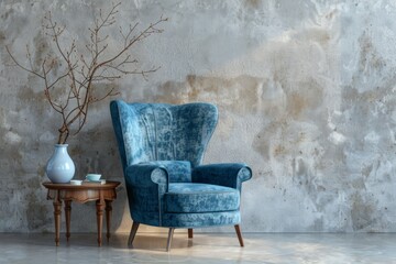 Step into a world of sophistication with a blue wingback chair and side table displaying a vase and branch, set against a Venetian stucco wall in a Scandinavian-inspired living room.
