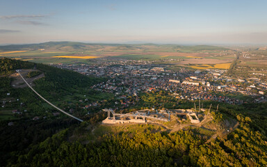 aerial view about th renewed touristical attraction in Hungary Tokaj region Zemplen mountains. The...