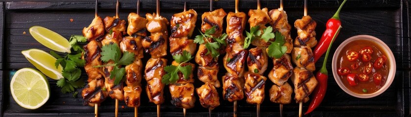 Grilled chicken skewers with cilantro and lime on a dark wooden board, served with a spicy dipping sauce and fresh chilies.
