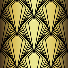 Art Deco Wallpaper. Black and gold seamless pattern in roaring twenties style. Line art deco background for interior design. Elegant art deco type