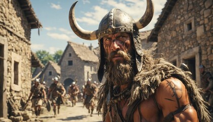 A barbarian with a horned helmet leads a raid on a fortified village, with a group of warriors following behind.