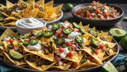 nachos with cheese, jalapenos, and sour cream, delicious Tex-Mex snack with a variety of fresh and colorful ingredients, creating a visually appealing and appetizing scene.