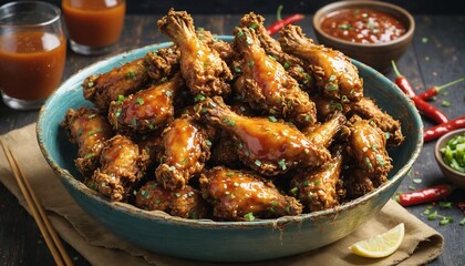 A bowl of crispy fried chicken wings, coated in spicy sauce, sits on a table with a glass of sauce.