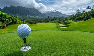 A golf ball on a tee with a lush fairway and mountains in the distance