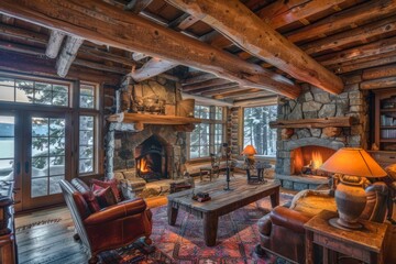 Cozy Rustic Cabin Interior with Stone Fireplace and Wooden Beams for Winter Retreat Design