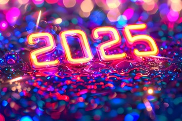 Vibrant neon sign displaying number 2025 glows brightly, creating festive New Year backdrop. Perfect design for celebrating the upcoming year. Neon number 2025. New Year background.