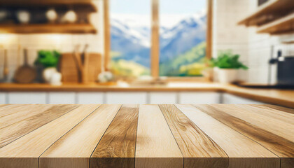 Wood table top on blur kitchen counter background.