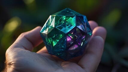 Ethereal Crystal Polyhedron Illuminated with Emerald, Amethyst, and Sapphire, Mystical Polyhedron: Emerald, Amethyst, Sapphire Glow, Enigmatic Polyhedron: Ethereal Emerald, Amethyst, Sapphire, Crystal