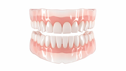 Obraz premium Detailed 3D render of teeth with dental veneers applied to enhance aesthetics, depicted against a simple white background to focus on cosmetic dental procedures.
