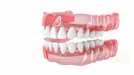 Obraz premium 3D render of teeth with dental veneers being applied to the front surfaces, demonstrating aesthetic enhancement, set against a clean white background to emphasize cosmetic dentistry.