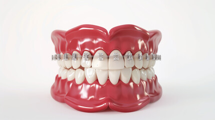 Obraz premium Professional 3D visualization of teeth with braces, emphasizing orthodontic brackets and wires, set against a minimalist white backdrop to illustrate orthodontic procedures.