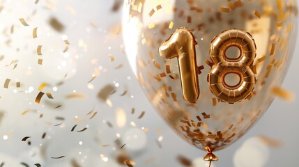 Inflatable foiled golden balloons number 18 on a white background with confetti. 18 years anniversary celebration. Birthday party concept
