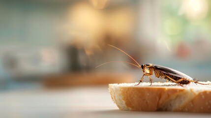 Close-up of a cockroach on a kitchen counter, highlighting pest control issues in domestic environments. Uninvited guest in the kitchen.