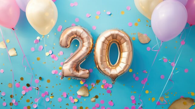 Inflatable foiled golden balloons number 20 on a blue background with confetti and other balloons. Twenty years anniversary celebration