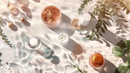 Sophisticated visual template of cosmetic product packaging against a backdrop of bright tones and transparent water, highlighting natural textures and colors to create an atmosphere of luxury and qua