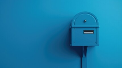 Blue street mailbox on a blue solid background with copy space