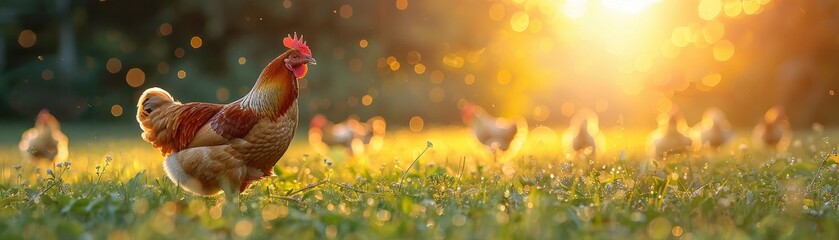 Obraz premium A rooster and several chickens roam a sunlit field with a beautiful bokeh background during sunrise, capturing the essence of rural life.