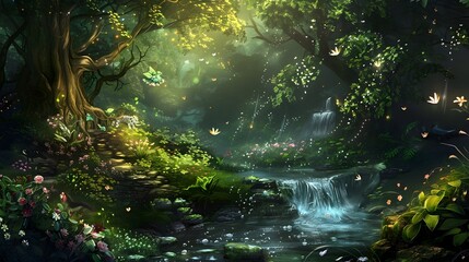 Enchanted Hidden Grove in Mystical Forest Featuring Sparkling Streams and Magical Creatures